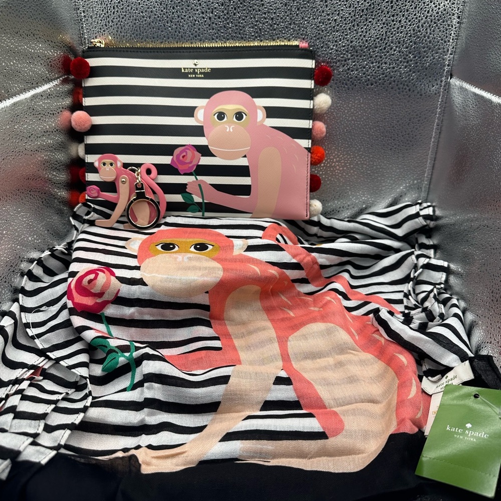 BUNDLE ALERT: 😁 Kate Spade Rambling Roses Monkey KEYCHAIN, CLUTCH and SCARF.